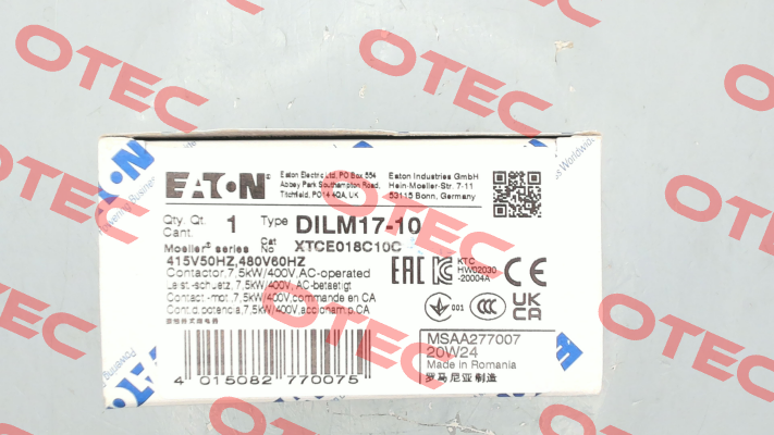 p/n: 277007, Type: DILM17-10(415V50HZ,480V60HZ) Moeller (Eaton)