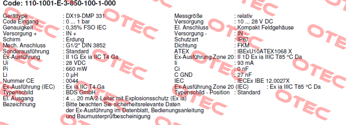 DMP 331 Code - 110-1001-E-3-850-100-1-000  Bd Sensors