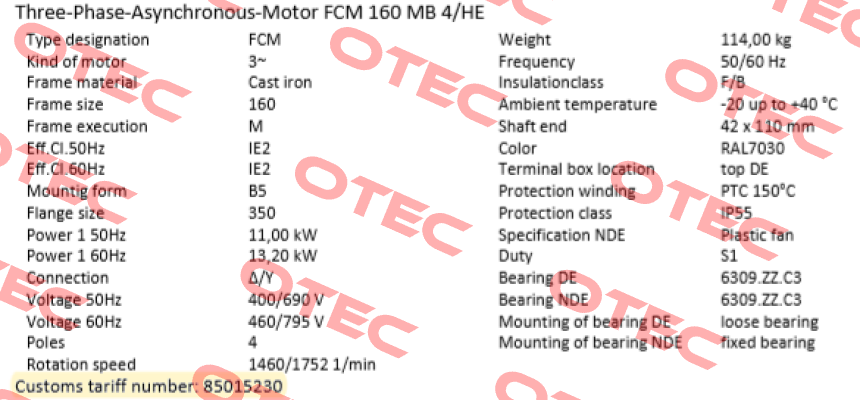FCM 160 MB 4/HE  (IE2AC16MB400) ALTERNATIVES : PDM-4-B5-11-160M-G-Z1 or EDM-4-B5-11-160M-G-Z1 AC Motoren