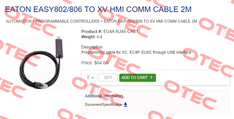 EASY802/806 - P/N EU4A-RJ45-CAB1 Moeller (Eaton)